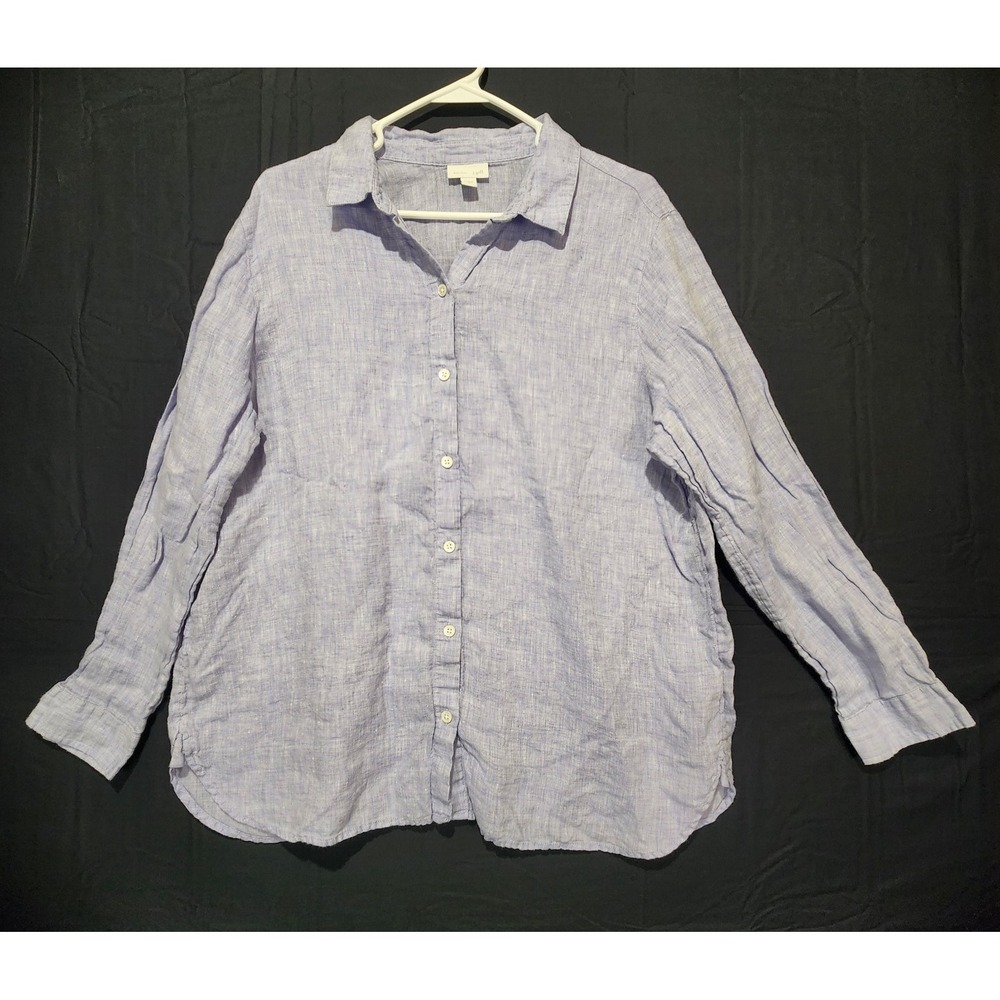 J. Jill Women's Casual Minimalist 100% Linen Button-Up Shirt Blue Size L